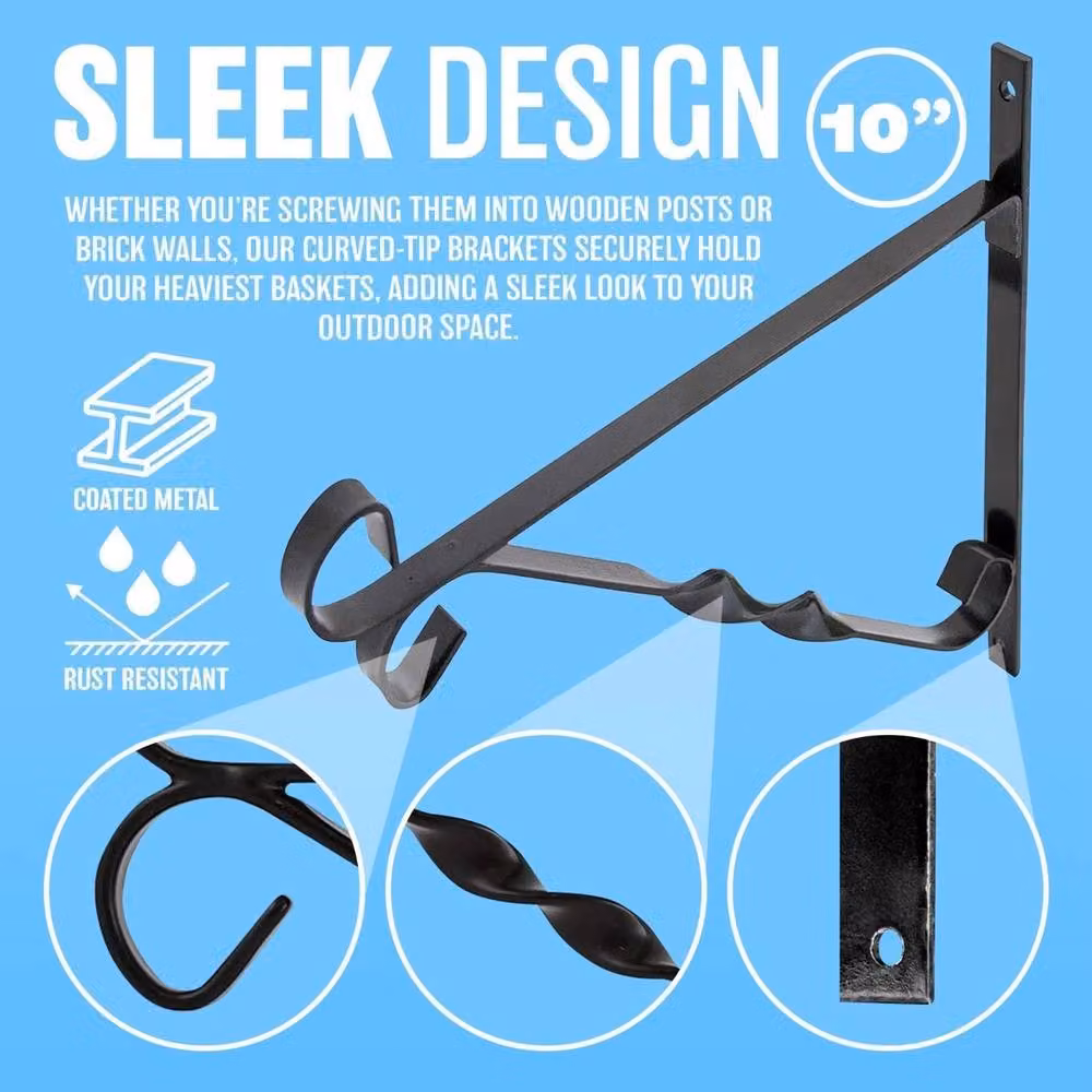 Kelvenix Set of 4 Black Hanging Basket Brackets with 10 inch Decoration Hooks – 2