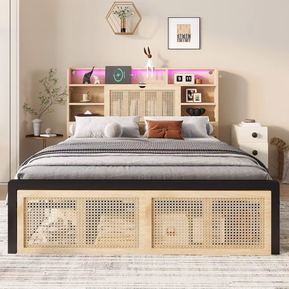 BTM Wooden Double Bed with USB Charging Port, LED Under-Bed Lighting and Storage Drawers in Black, W/D/H: 140 x 200 x 104.5 cm – 2