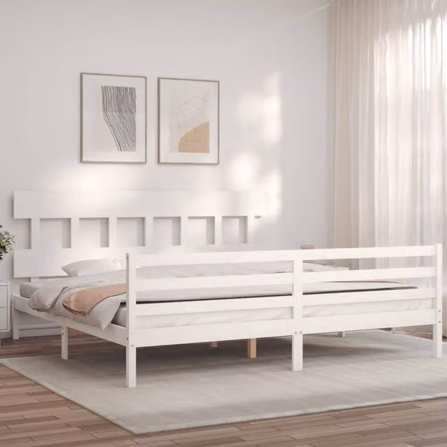 Berkfield Home Beautiful Solid Wood Bed Frame with Headboard in White, W/D/H: 200 x 200 x 205.5 cm