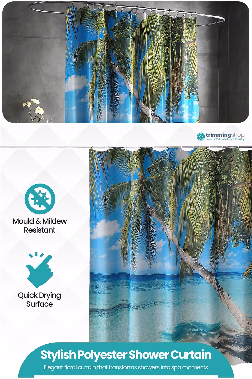 Neel Blue Beach Themed Water Resistant Polyester Shower Curtain with Hooks, Blue and Multicolour, W: 180 cm, H: 200 cm – 3