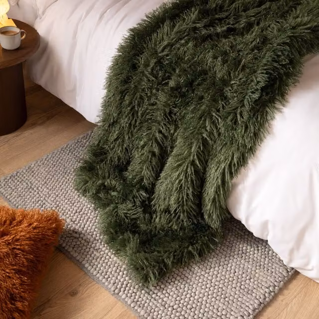Furn Rowan Reversible Double Face Faux Fur Throw in Khaki Green, W: 130 cm, D: 170 cm