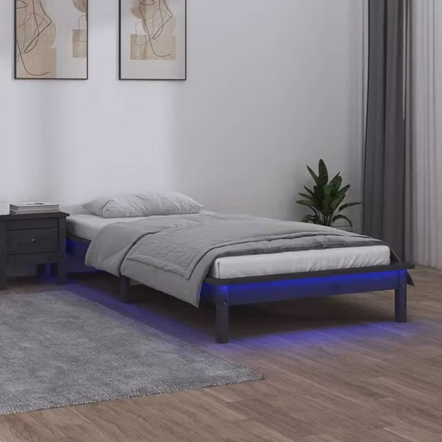 Berkfield Home Grey Solid Pine Wood LED Bed Frame with Under-Bed Lighting and USB Charging Port, W/D/H: 90 x 200 cm