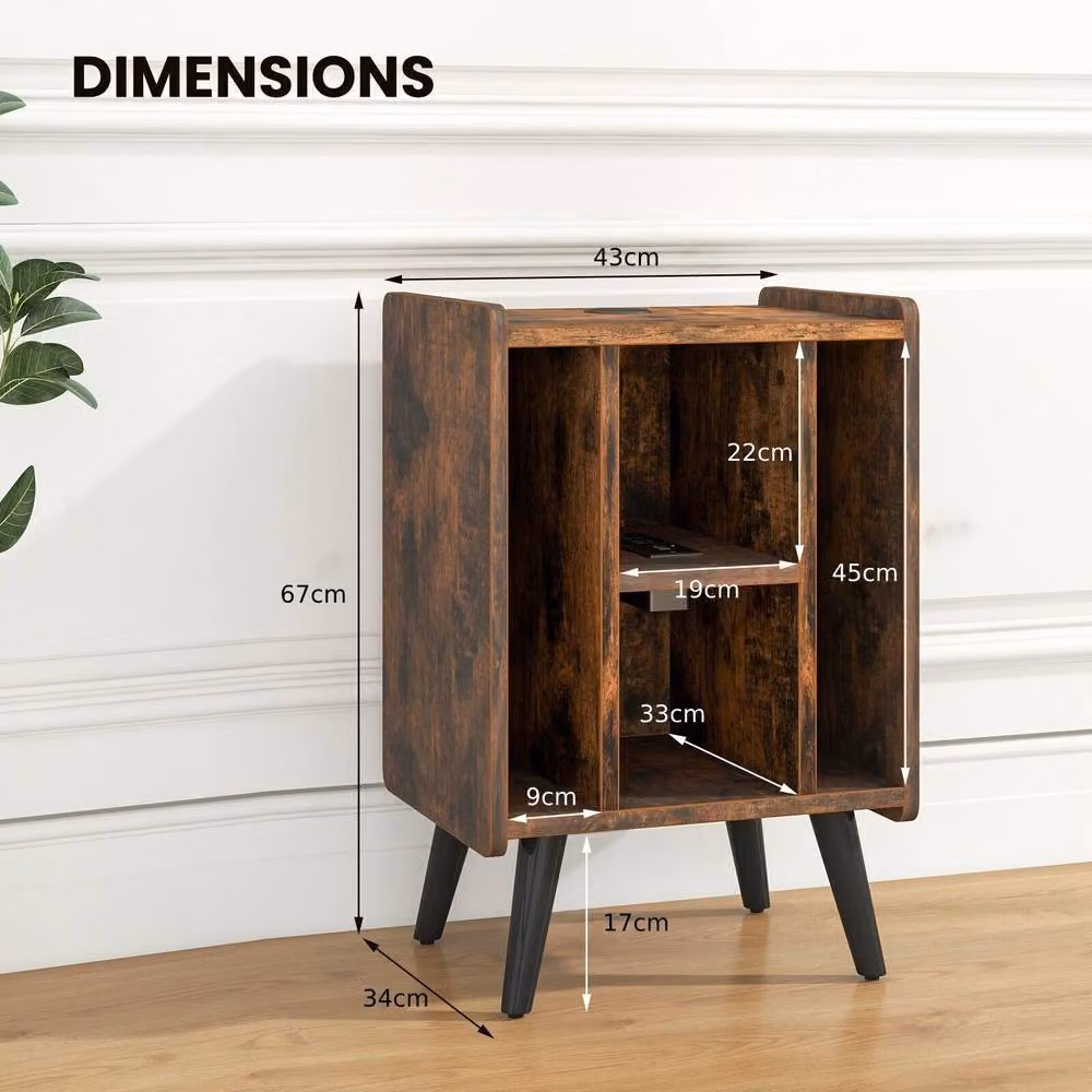 Costway Record Player Stand and Vinyl Record Storage Side Table with Power Outlet in Brown – 2