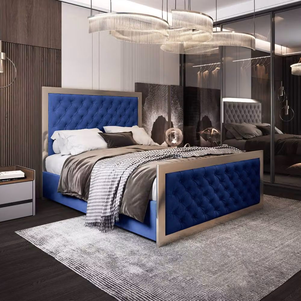 Casani Lapworth Upholstered Velvet Designer Bed Frame in Blue with Metal Details, W/D/H: 140 x 200 cm – 2