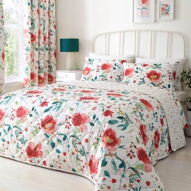 Dreams & Drapes Abstract Poppy Quilted Floral Bedspread, Multicolour, W: 200 cm, D: 230 cm