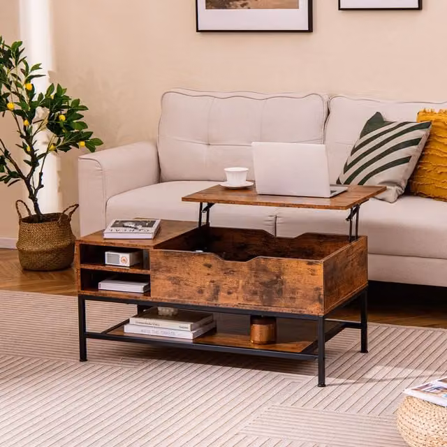 Costway Industrial Lift Top Coffee Table with Removable Shelf in Brown – 1