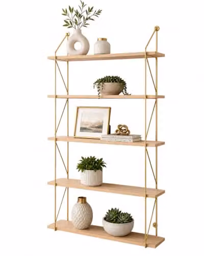 SPOT ON DEALZ 5 Tier Modern Gold Wall Mounted Floating Shelves with Oak Wood and Metal Frame