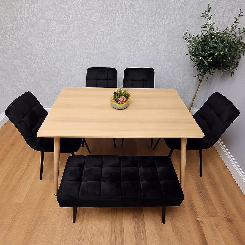 KOSY KOALA Modern Wooden Dining Table Set with 4 Black Velvet Chairs and 1 Bench – 2