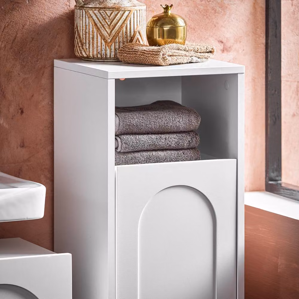 SoBuy Slim White Bathroom Cabinet with Hinged Doors and Pull-Out Laundry Bag – 5