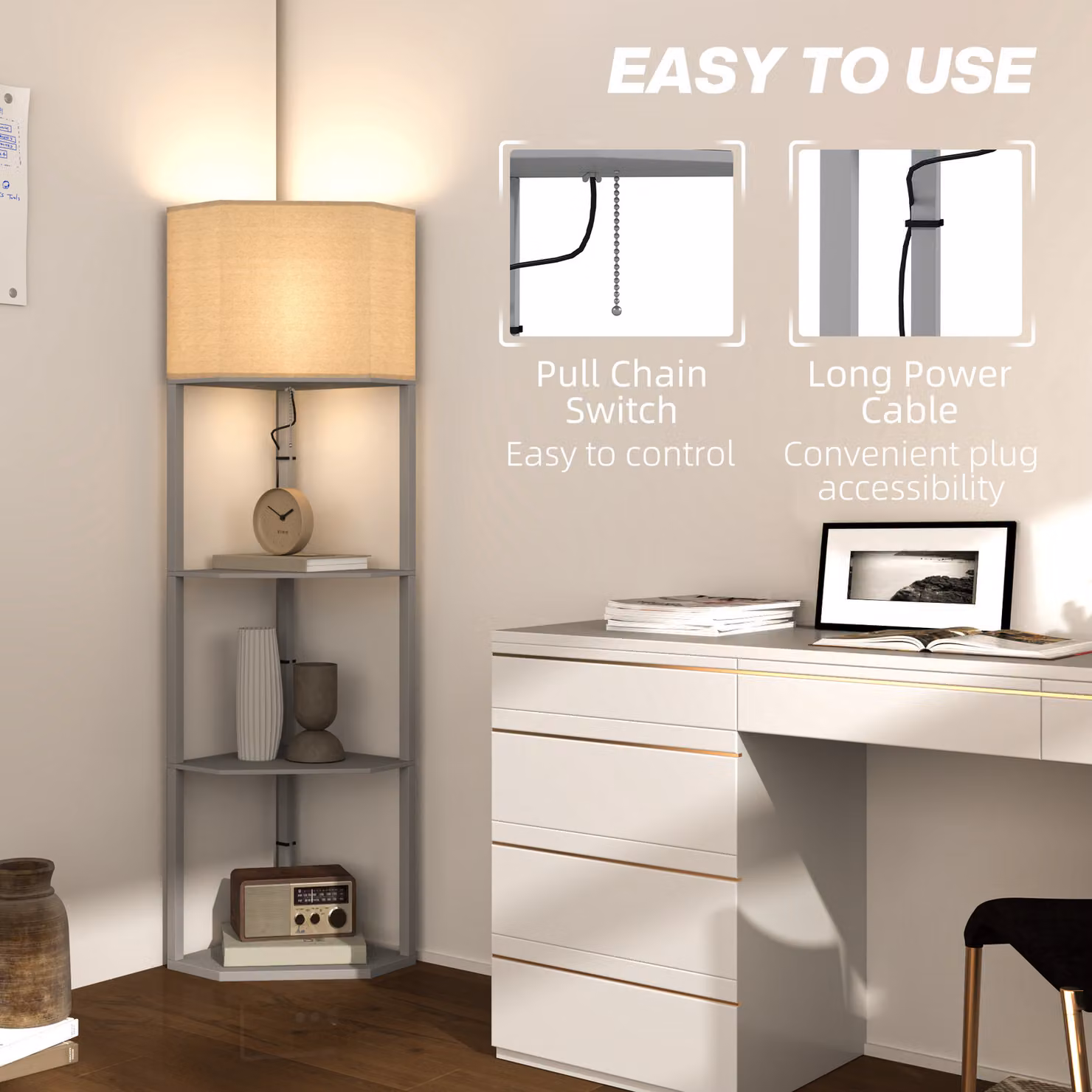 HOMCOM Grey Corner Floor Lamp with Shelves and Pull Chain Switch – 3