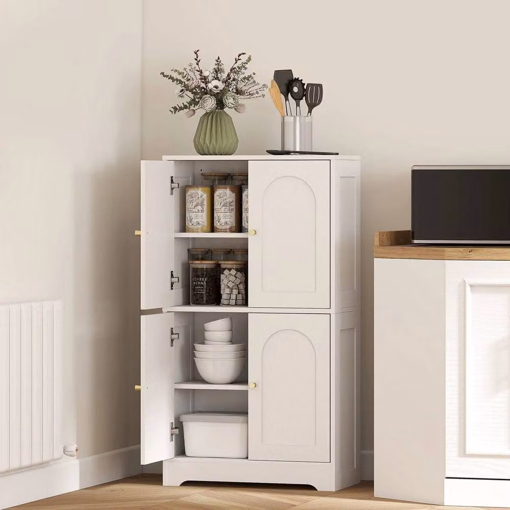 KORVIXA Tall Kitchen Cupboard with 4 Arched Hinged Doors in White and Gold – 2