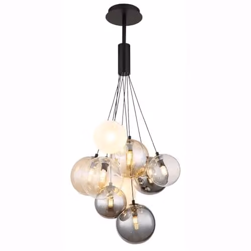 Netlighting Ballgi Globe Pendant Ceiling Light in Matt Black with Smoky Glass Spheres for 9x G9 Bulbs