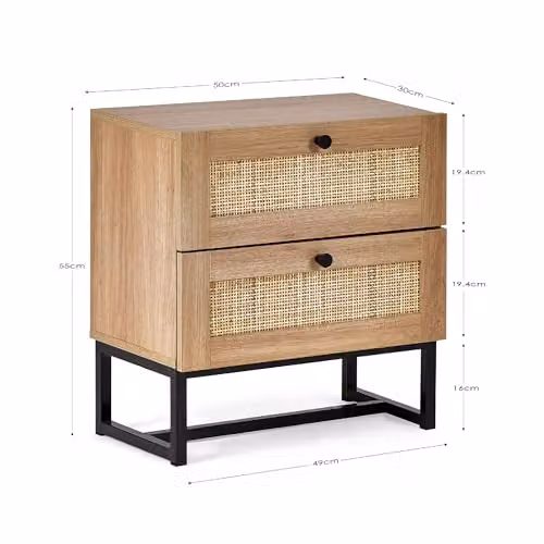 Julian Bowen Padstow 2 Drawer Bedside Table in Light Oak and Rattan, W/D/H: 50 x 30 x 55 cm – 2
