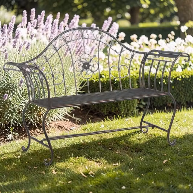 Minster Vintage Garden Bench in Dark Green and Gold with Antique Finish, W/D/H: 100 x 57 x 144 cm