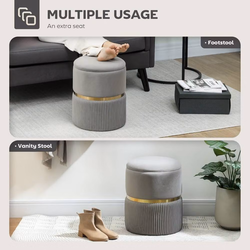 Wyld Haus Rivera Ribbed Velvet Storage Ottoman in Light Grey with Gold Accents – 5