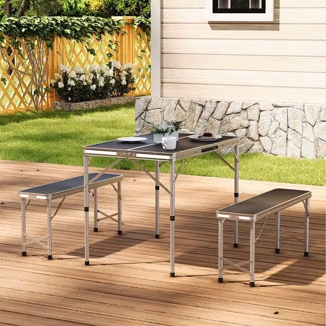 Livingandhome Portable Foldable Camping Table and Benches Set in Black Matt Powder Coated Aluminium