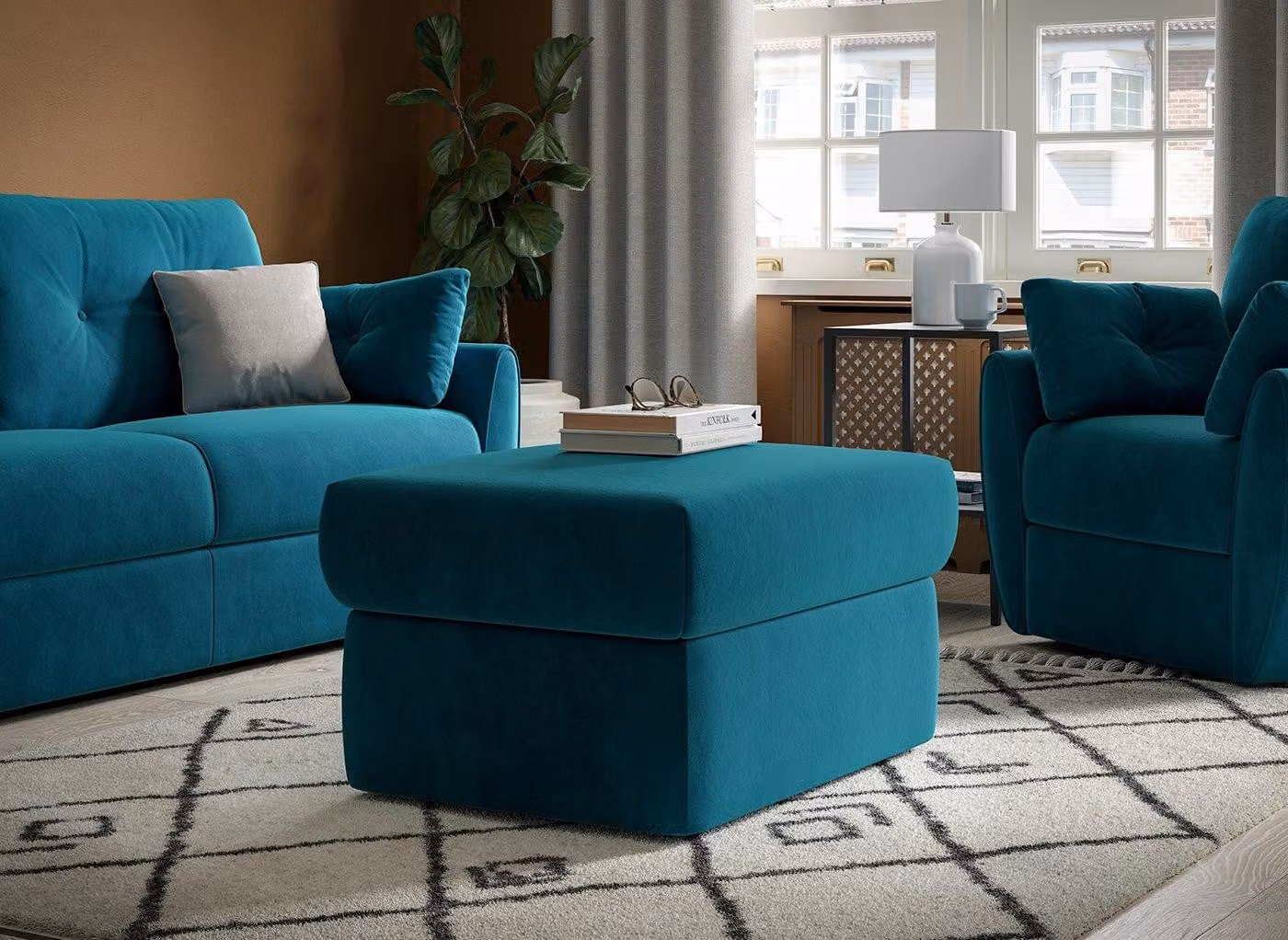 Dreams Vicenza Ottoman Footstool in Velvet, available in Petrol, Yellow or Blue