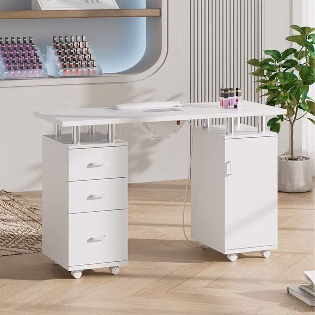 Komore Professional Mobile Nail Desk with Dust Collector in White