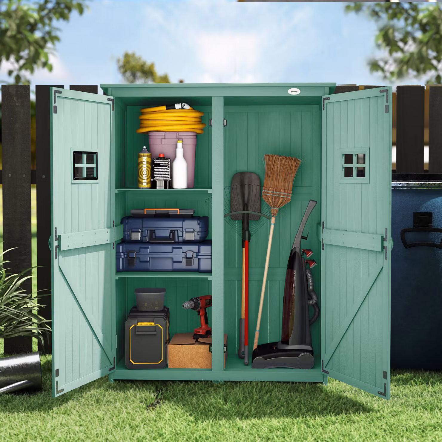 Outsunny Wooden Garden Shed with Double Doors, Two Windows and Internal Shelving, Green, W/D/H: 127.5 x 50 x 164 cm – 6