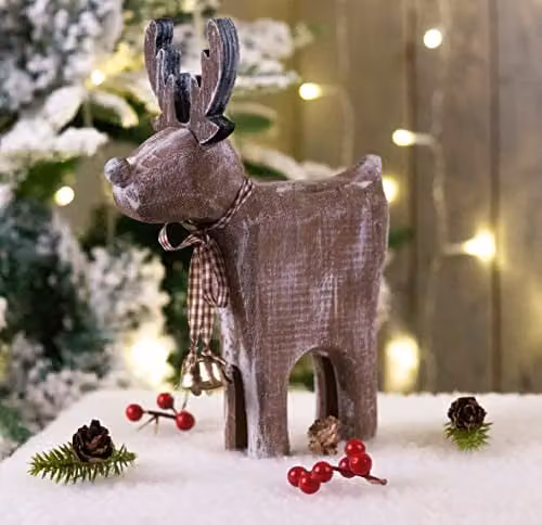 St Helens Home & Garden Wooden Reindeer Christmas Decoration with Brown Checked Collar and Bells in a Rustic Finish – 1