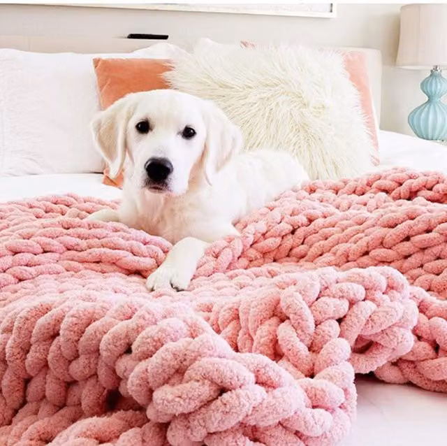 Livingandhome Pink Chenille Knitted Hygge Throw Blanket, W: 120 cm, D: 150 cm