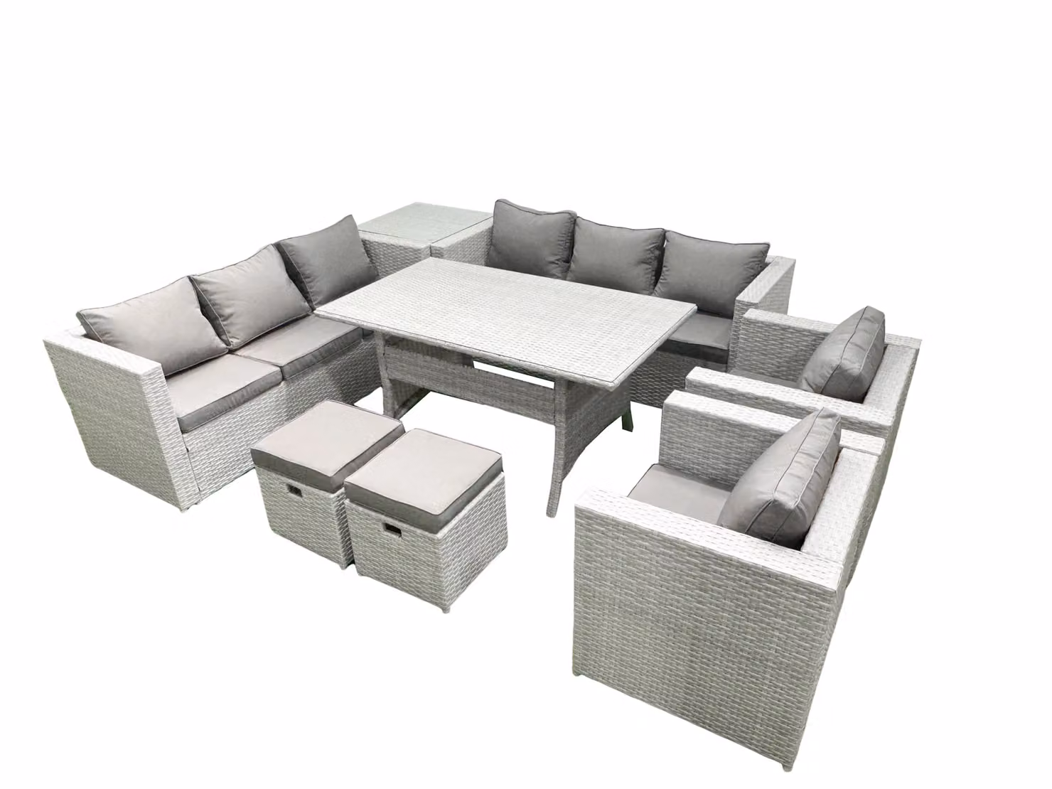Fimous 8 Seater Rattan Garden Furniture Set with Dining Table, 2 Chairs, Side Table and 2 Footstools in Light Grey – 2