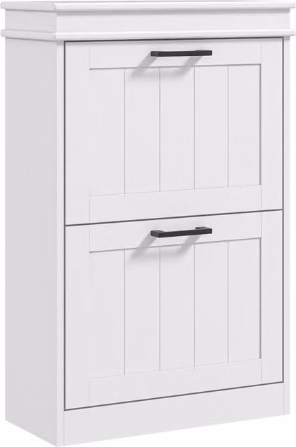 HOMCOM Minimalist White Shoe Storage Cabinet with Two Drawers and Tilting Compartments for 10 Pairs of Shoes