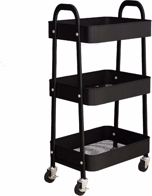 Simpa 3 Tier Metal Multipurpose Wheeled Storage Tray Cart in Black, H 78.5 x W 46 x D 30.5 cm – 1