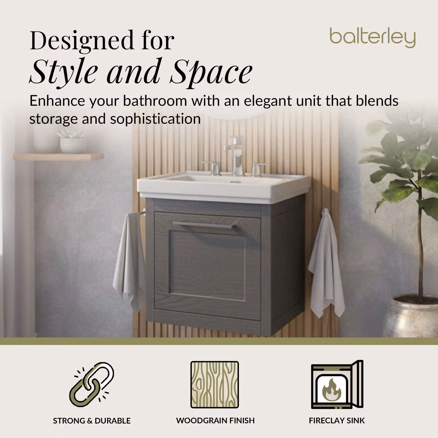 Balterley Wall Hung 1 Drawer Vanity Unit and 3TH Fireclay Basin, Dark Grey, Width: 50 cm – 2