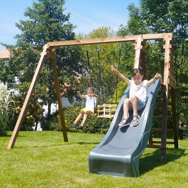 Prune Double Wooden Swing Set with Slide in Natural Brown