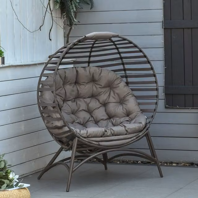 Outsunny Egg Chair with Soft Cushion and Side Pocket in Brown with Metal Frame