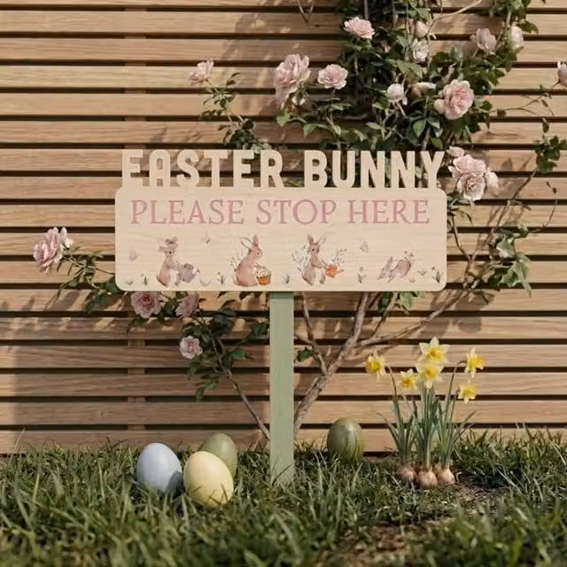 Garden Greatness Easter Bunny Stop Here Multicolour Wooden Garden Stake Decoration