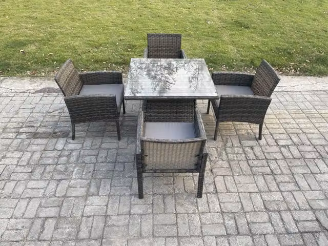 Fimous 4 Seater Rattan Garden Furniture Set with Square Dining Table in Dark Grey Mixed