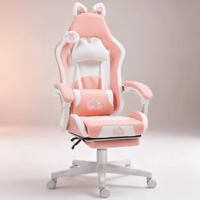ERGOVEXA Pink Cat Ear and Paw Reclining Gaming Office Chair with Footrest and Headrest