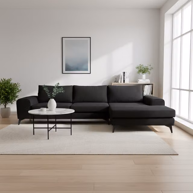 Abakus Direct Venice L-Shape Corner Sofa in Black Basket Weave Fabric, Right-Hand Facing