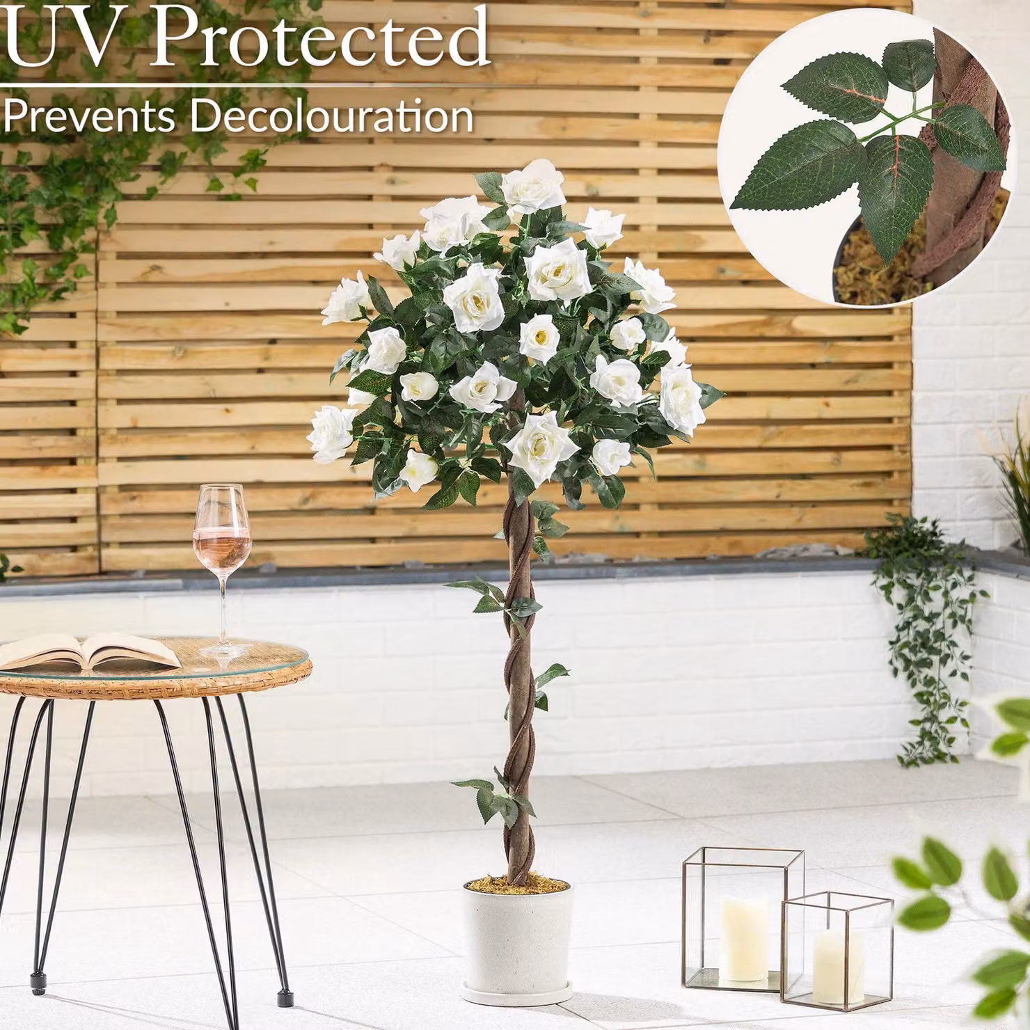 Christow Artificial Rose Tree Potted Indoor Outdoor Wedding Floral Decoration in Beige, Pink and White, Height: 93 cm – 3