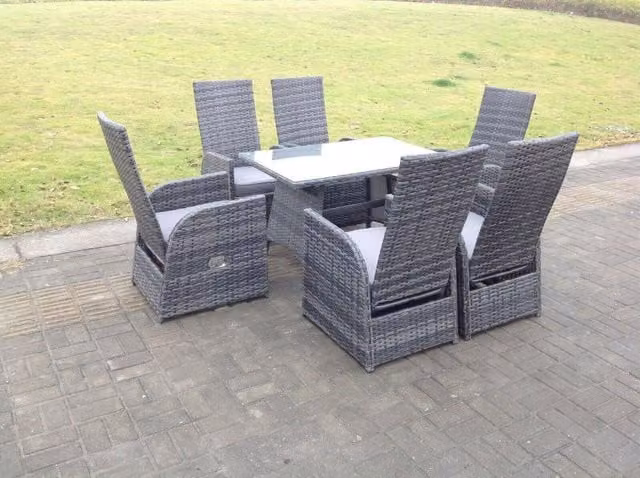 Fimous Rattan Garden Dining Set with Oblong Table and 6 Adjustable Reclining Chairs in Dark Grey