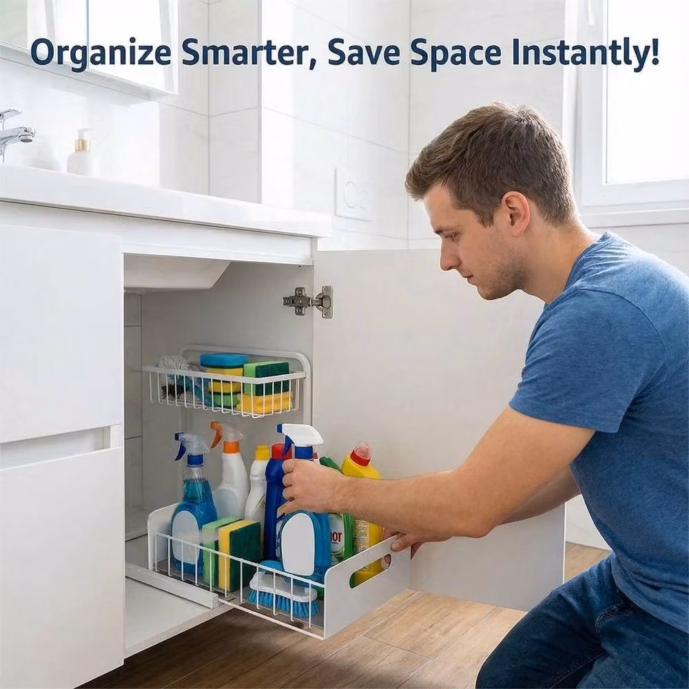 EONLION White 2 Tier Under Sink Storage Organiser, Width: 100 cm – 4