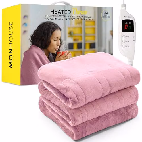 MONHOUSE Pink Fleece Heated Electric Throw with 9 Heat Settings and 9H Timer, W/D/H: 130 x 160 cm