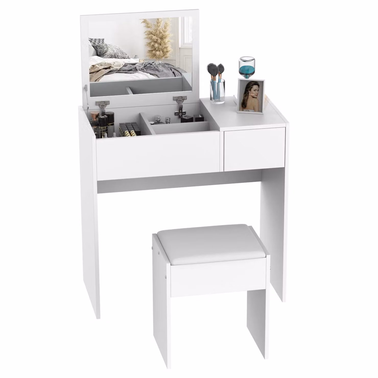 HOMCOM Modern White Dressing Table Set with Flip-up Mirror and Storage Drawer – 3