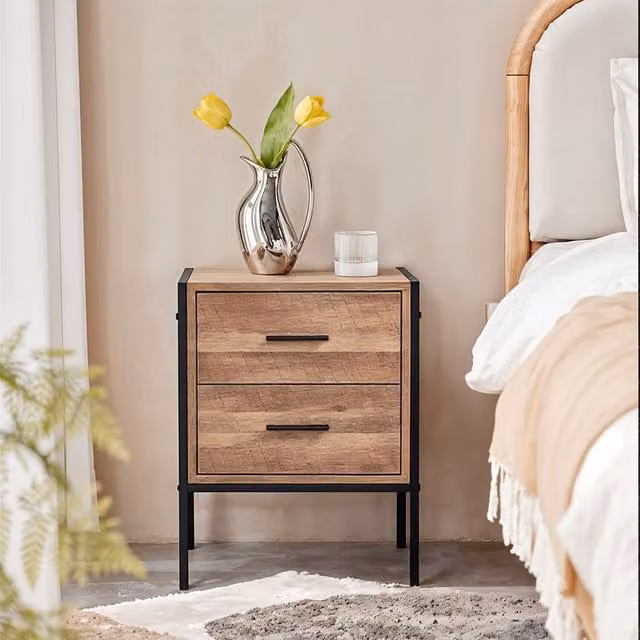 komore Industrial Wooden Bedside Table with 2 Drawers in Brown and Black