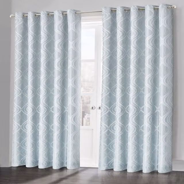 Velosso Modern Graphic Eyelet Fabric Curtain Pair in Blue and Turquoise