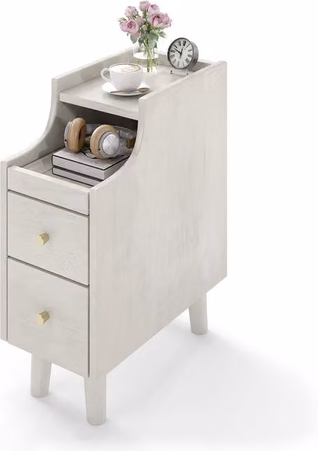 COSTWAY Modern White and Gold Rubberwood Nightstand End Table