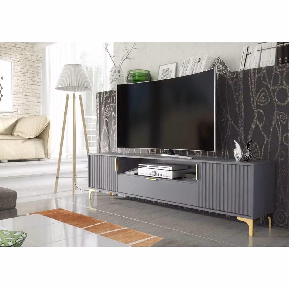 Mex Furniture LTD Tide Crest Modern TV Unit in Dark Grey and Gold, W: 200 cm, D: 50 cm, H: 35 cm – 2