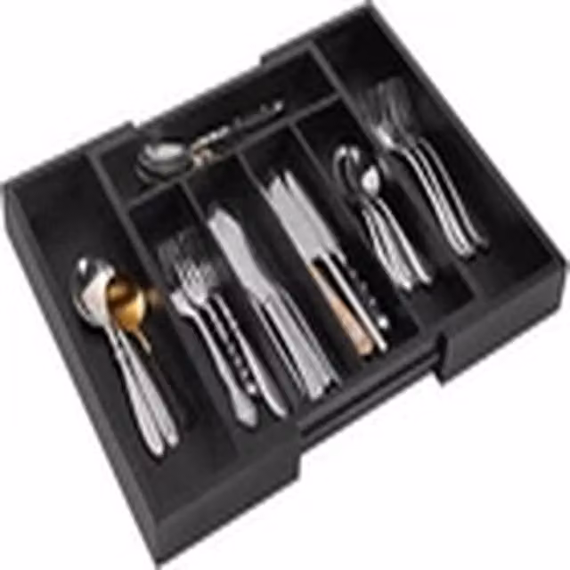 EONLION Expandable Bamboo Cutlery Tray Drawer Organiser, Black