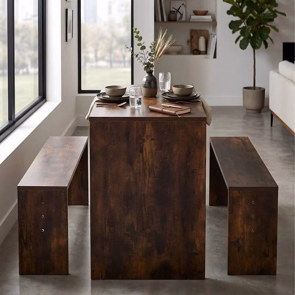 KORVIXA 3-Piece Rustic Brown Wooden Square Dining Table and Bench Set, W/D/H: 100 x 100 x 100 cm – 4