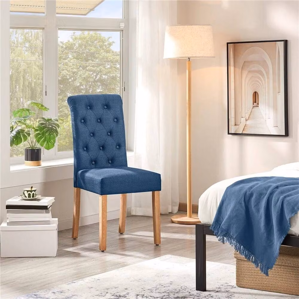 Kelvenix Set of 2 Modern Blue Fabric Dining Chairs with Rubberwood Frame – 5