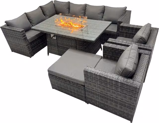 Fimous 9-Seater Rattan Garden Dining Set with Gas Firepit Table in Dark Grey