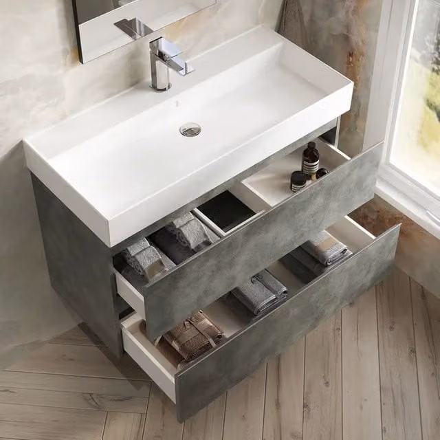 Banyetti Vatilla 1000mm Wall-Hung Vanity Unit with Veneto 1 TH Basin, Grey Cemento – 1