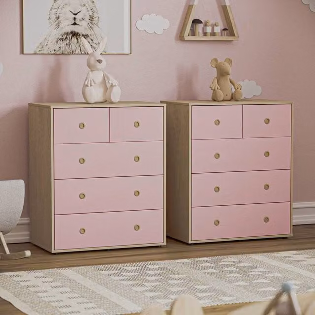 HD Designs Neptune Set of 2 Pink 5 Drawer Chests of Drawers for Childrens Bedrooms